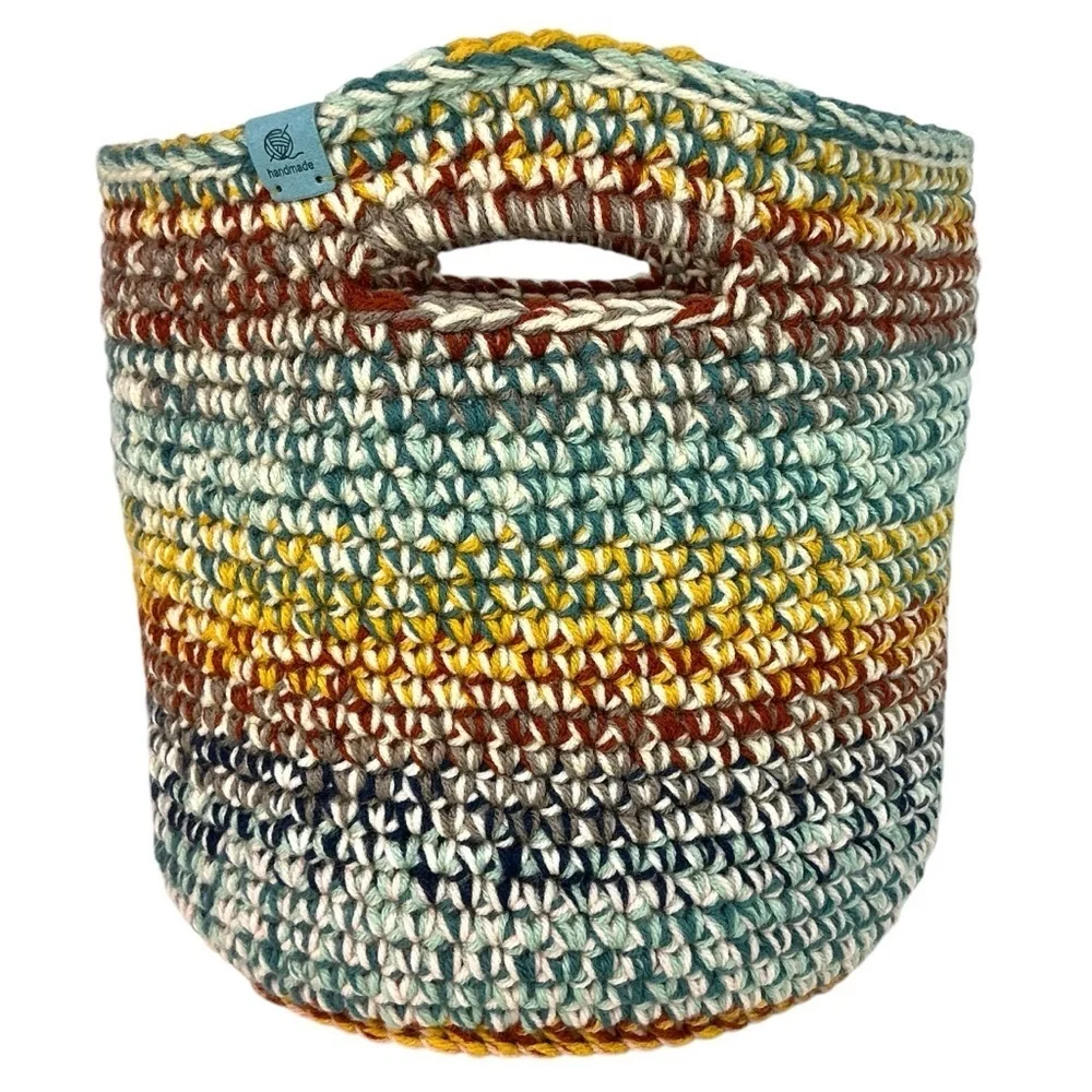 Handcrafted Multicolor Crochet Scrap Woven Tote Bag Basket Storage Handmade Knit